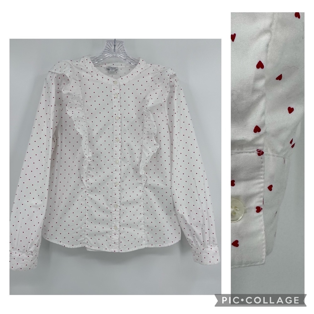 J. Crew Cotton Poplin Ruffle Top Blouse Heart Print Cotton White Red Size